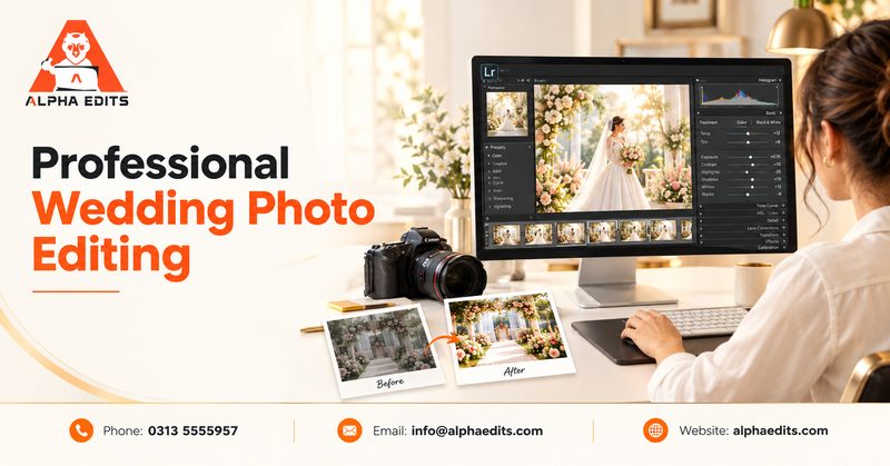 Photo editor doing professional wedding photo editing in Lightroom with before and after wedding photos on screen